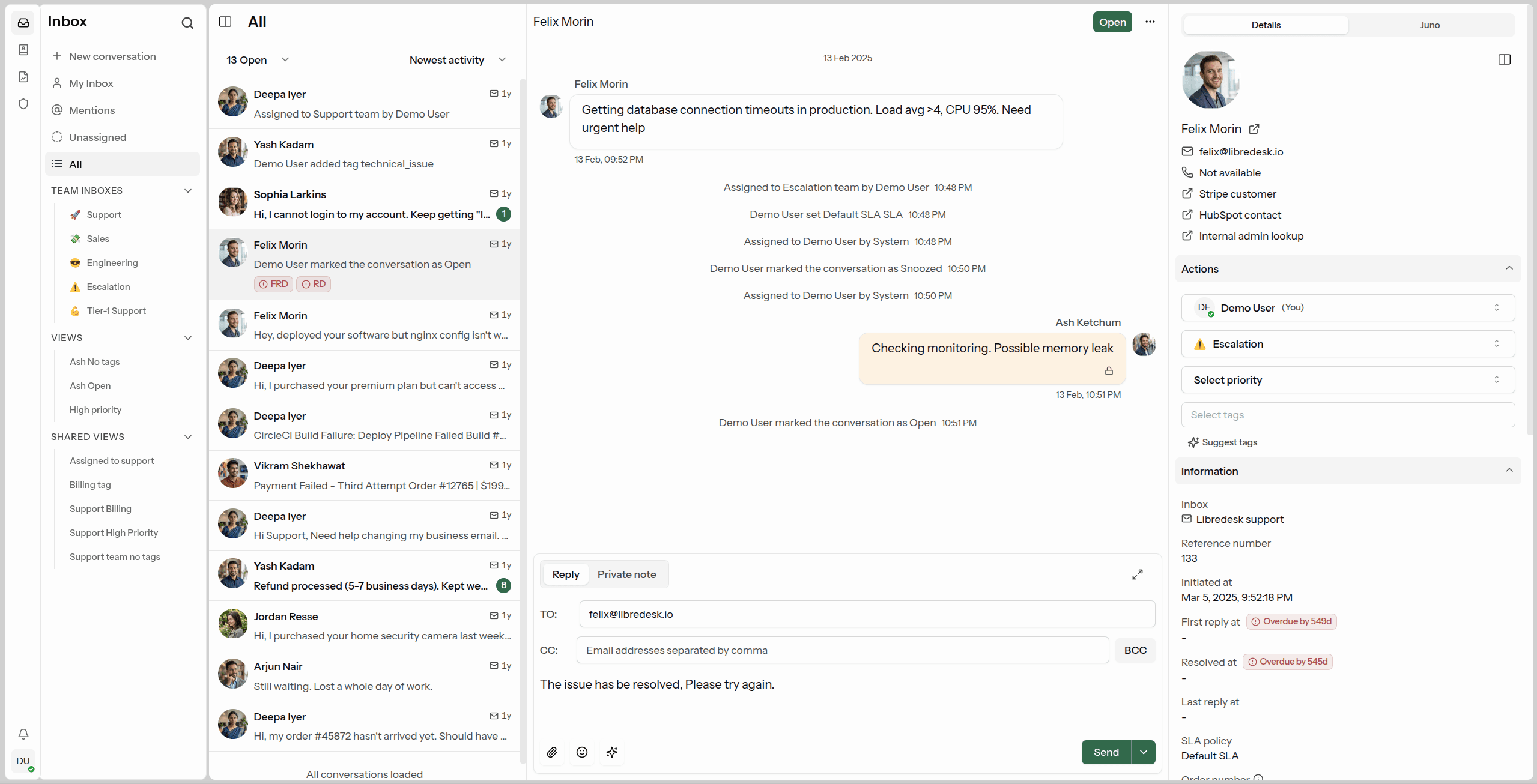 libredesk inbox showing customer conversations